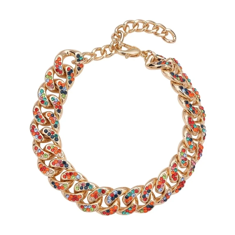 Multi Color Austrian Crystal Curb Link Chain Bracelet in Goldtone (7.50-9.50In)