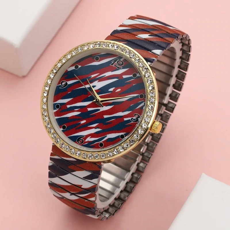 Strada Austrian Crystal Japanese Movement Camo Color Pattern Stretch Bracelet Watch with Stainless Steel Strap