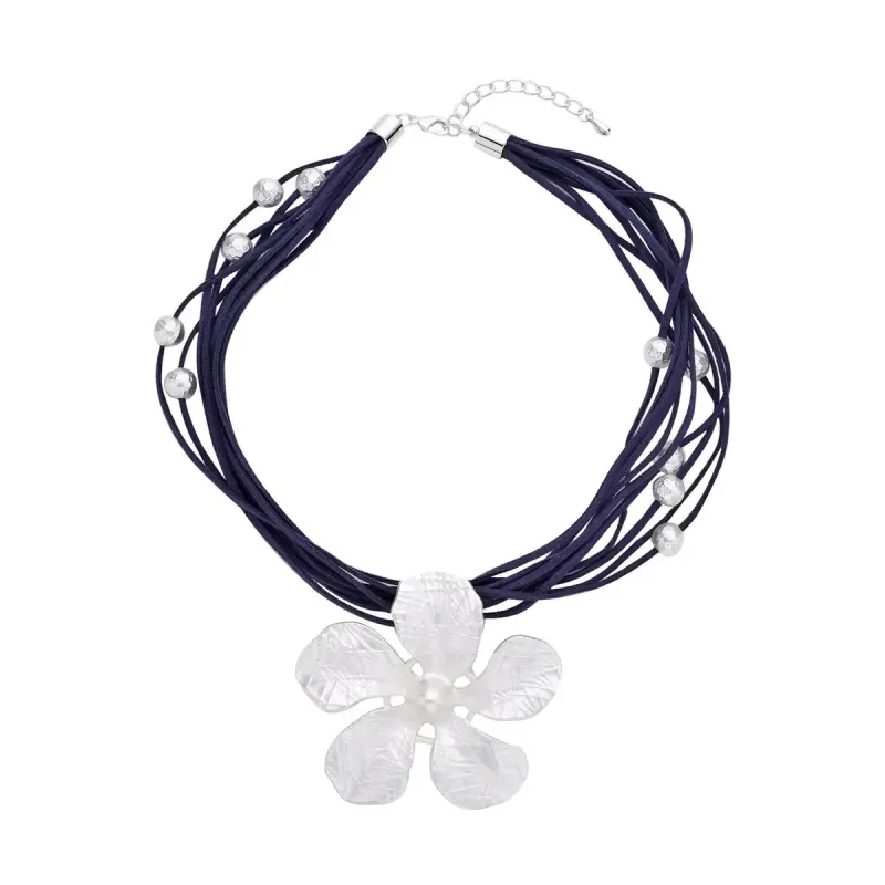 Jasmine Flower Pendant Necklace 20-23 Inches in Silvertone on Navy Multi Strand Faux Leather