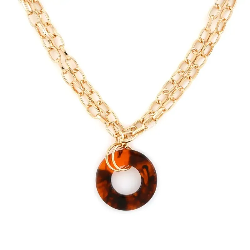 Andante Goldtone Cable Chain Necklace with Brown Acrylic Circle (18 Inches)