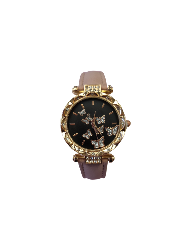 Women's shiny rhinestone butterfly quartz. Watch analog PU leather wristwatch.