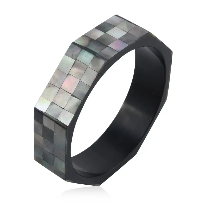 Octagon Black Mother of Pearl Inlay Bangle Bracelet With Black Inner Resin (7.50 In)