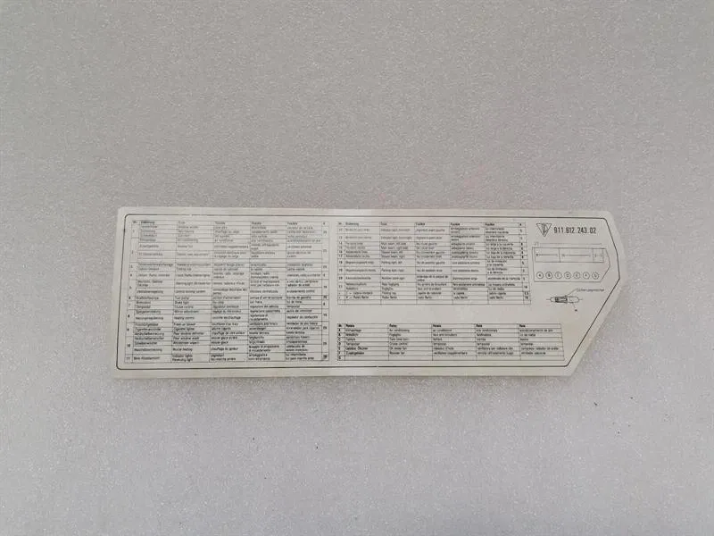 PORSCHE 911 CARRERA 3.2 1984-1989 91161224302 FUSE CHART FUSE CHART-