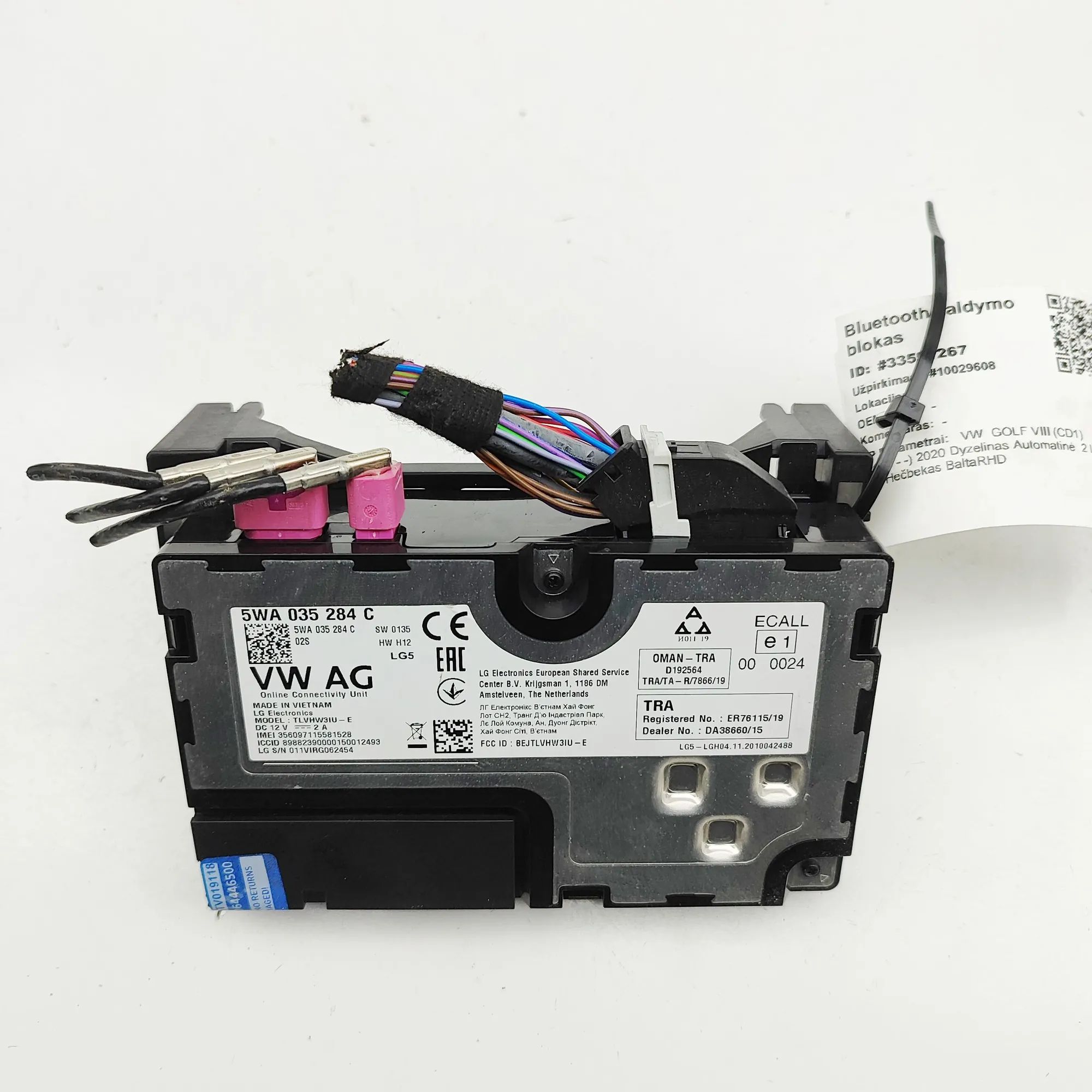 Volkswagen Golf 7 Bluetooth Control Unit 5WA035284C Bluetooth Control Unit VW GOLF (VIII...