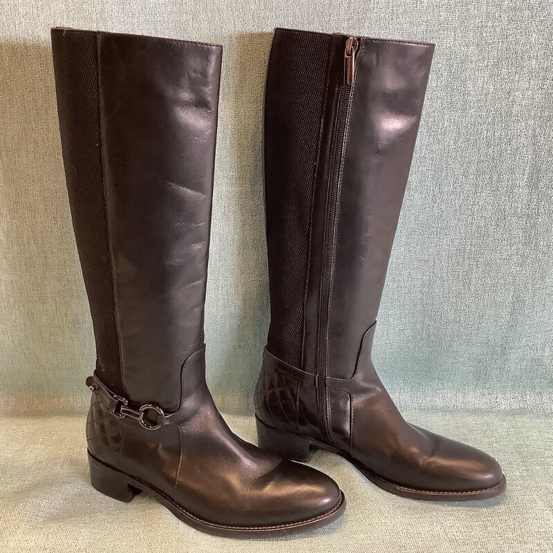 Aquatalia Oralie Black Leather Equestrian Boots w Stretch Knee