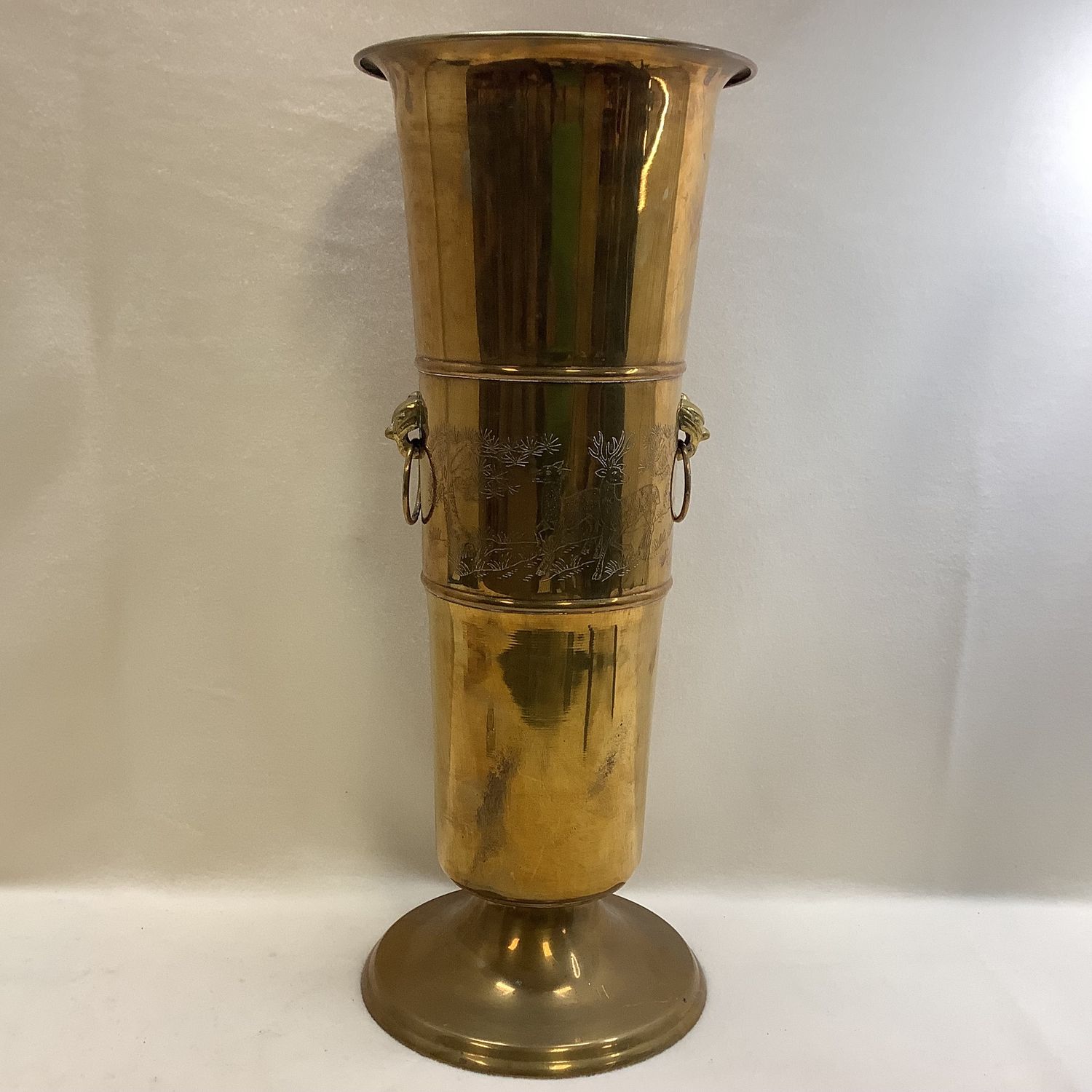 Vintage Brass Umbrella Stand with Etched Deer and Cranes, Gargoyles with Rings - RS4578