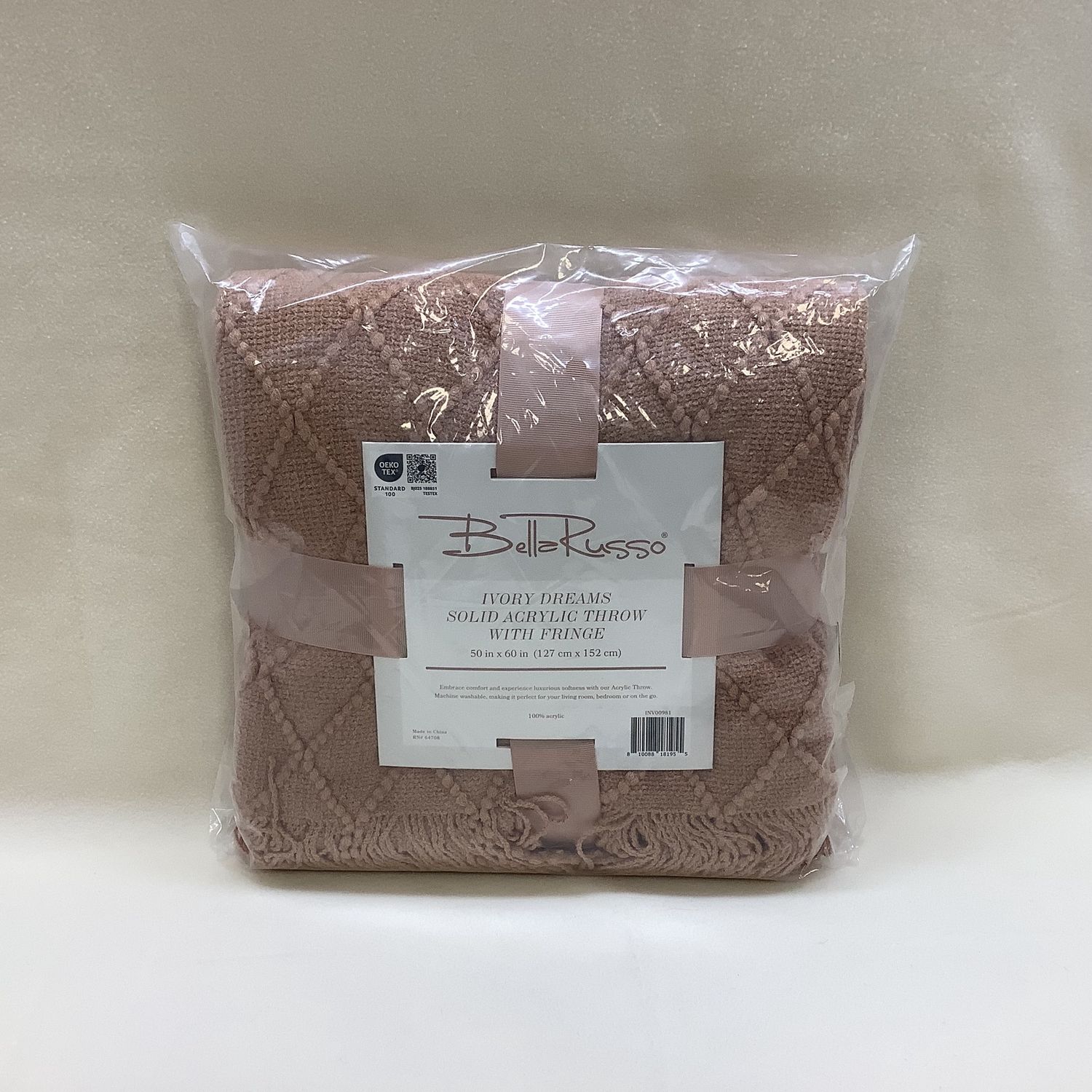 Bella Russo Ivory Dreams Acrylic Throw w/Fringe, Dusty Rose - RS4587