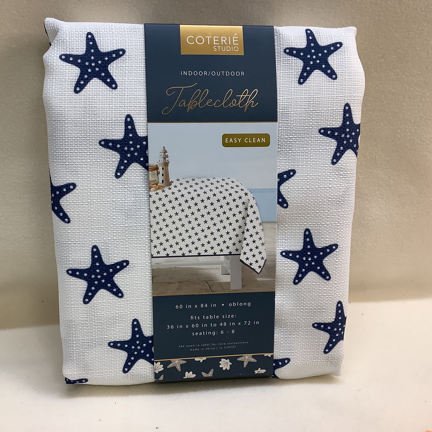 Coterie Studio Indoor/Outdoor White Tablecloth w/Blue Starfish Pattern, Oblong 60&quot; x 84&quot; - RS4617