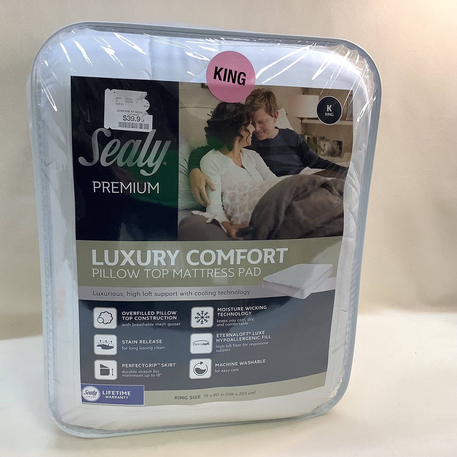 Sealy Premium Luxury Comfort Pillow Top Mattress Pad, King - RS4619