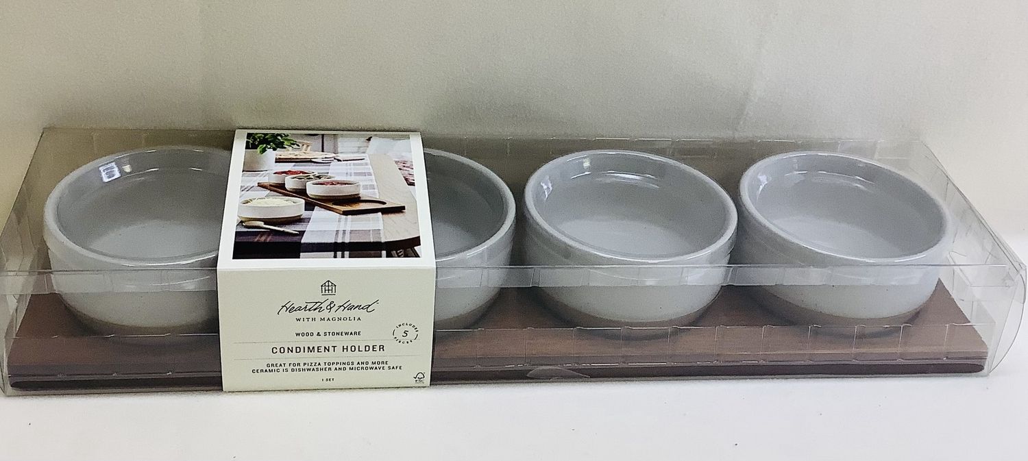 Hearth &amp; Hand Magnolia Speckled Stoneware Condiment Bowls (Set of 4) w/Wood Holder - RS4721