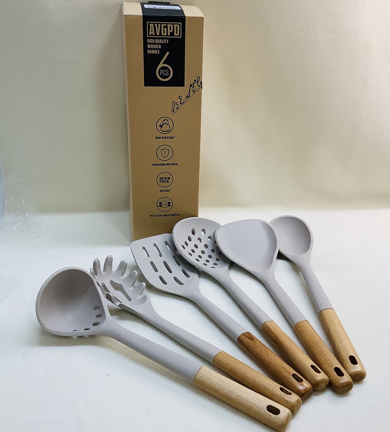 AVGPD 6-PC Silicone Kitchen Utensils with Wooden Handles, Khaki - RS4748
