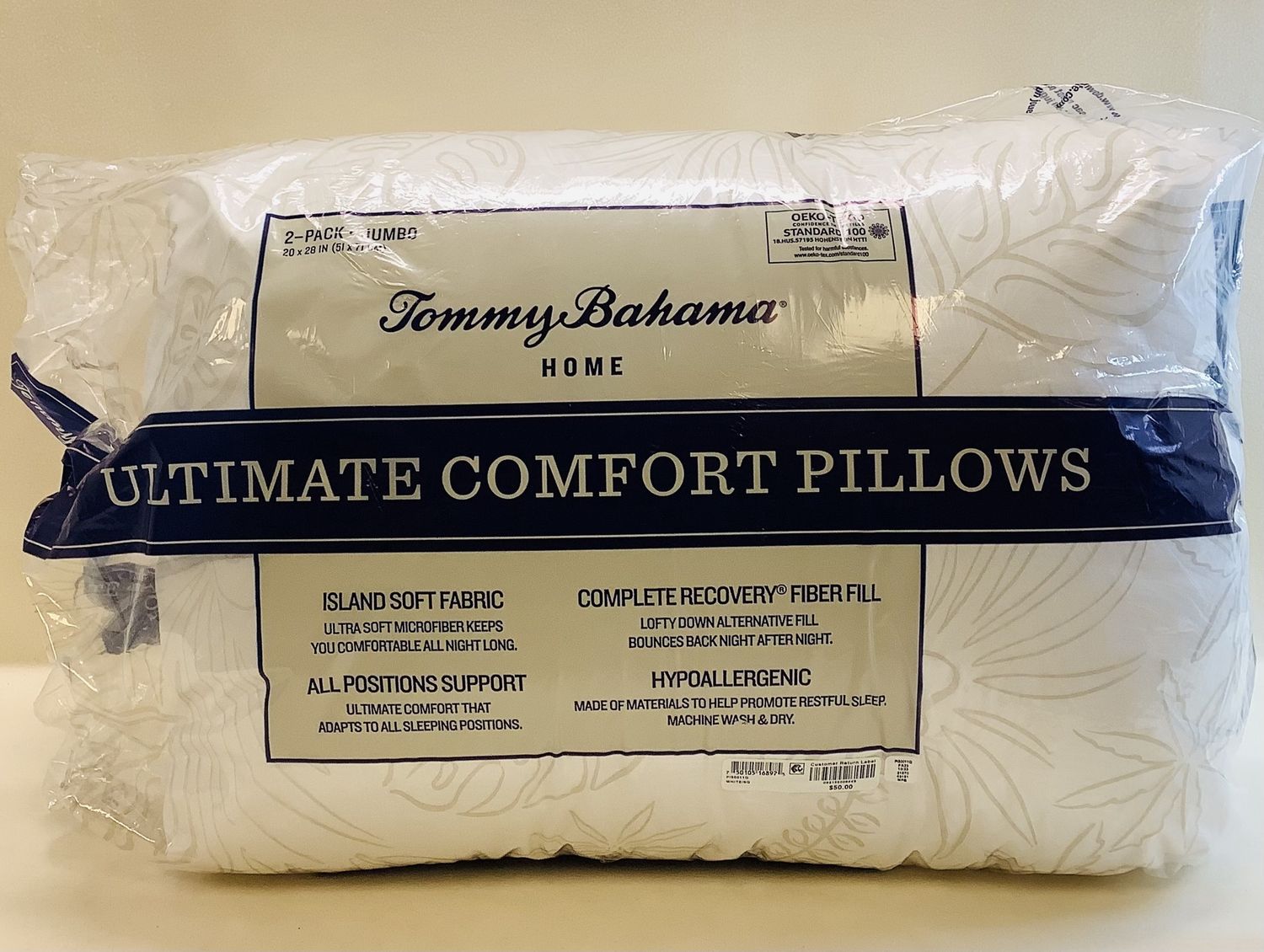 Tommy Bahama Home Ultimate Comfort Embossed Jumbo Pillows, 2 Pack - RS4772