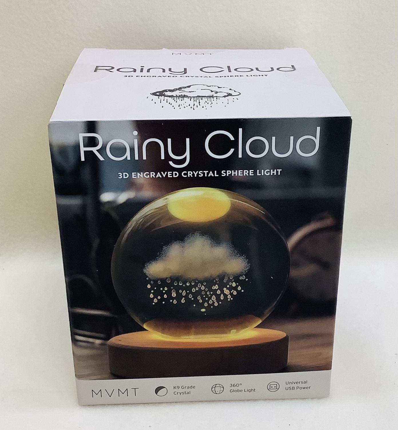 3D Crystal Ball Night Light with Wooden Base, Rainy Cloud - RS4810