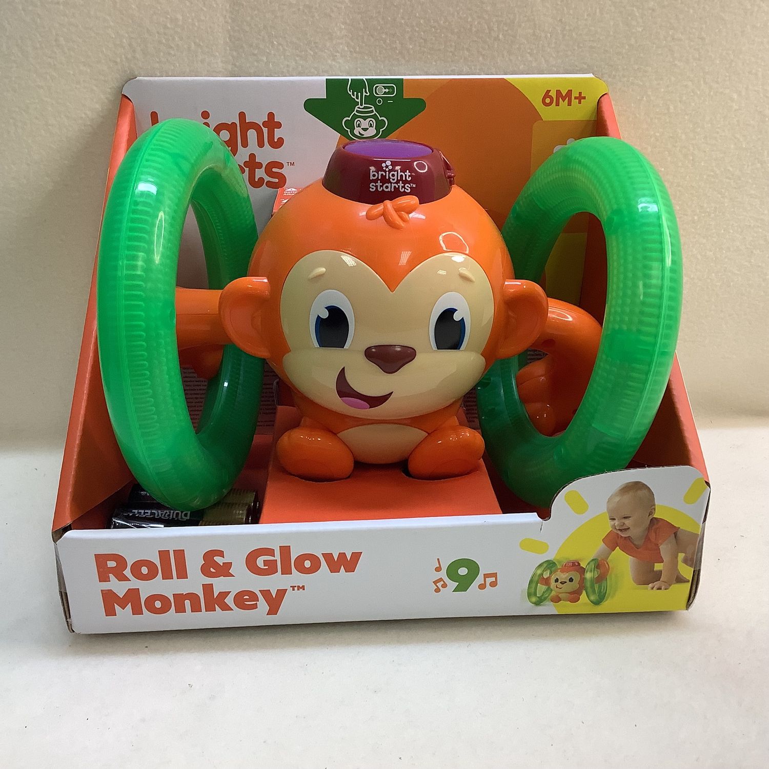 Bright Starts Roll &amp; Glow Monkey Crawling Baby Toy with Lights and Sounds (Ages 6M+) - RS4832