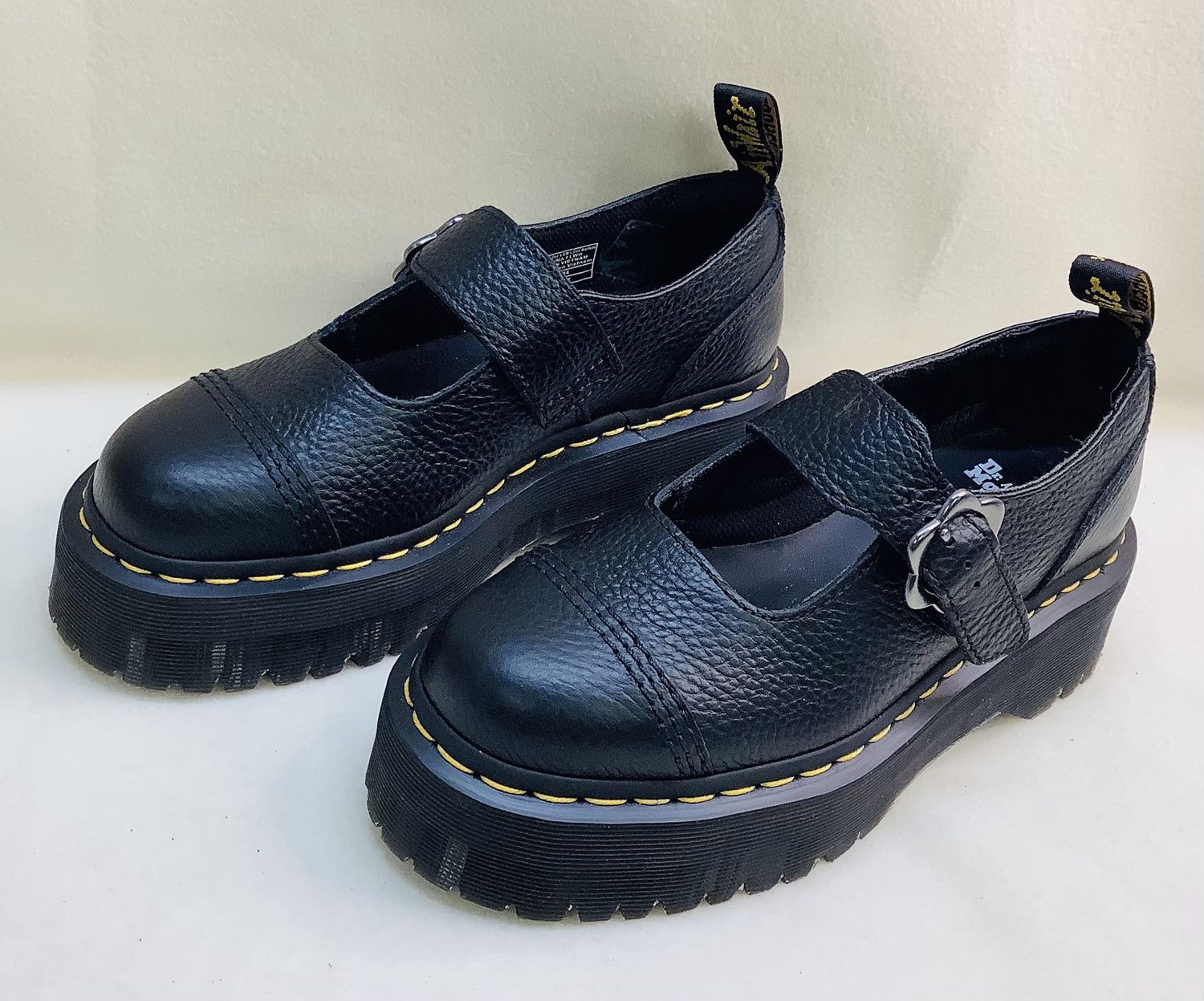 Dr. Martens Addina Flower Buckle Leather Platform Shoes, Black Milled Napa (Women&#39;s Size 6) - CL2007