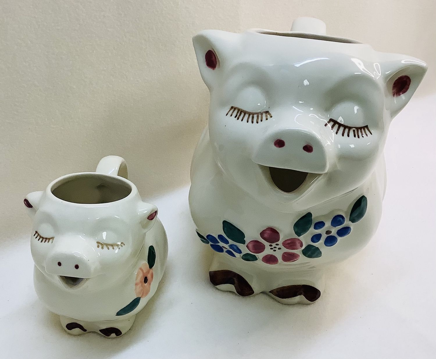 Vintage Shawnee Smiley Pig Pitcher w/Flowers and Lashes &amp; Creamer w/Pink Flower - RS4822