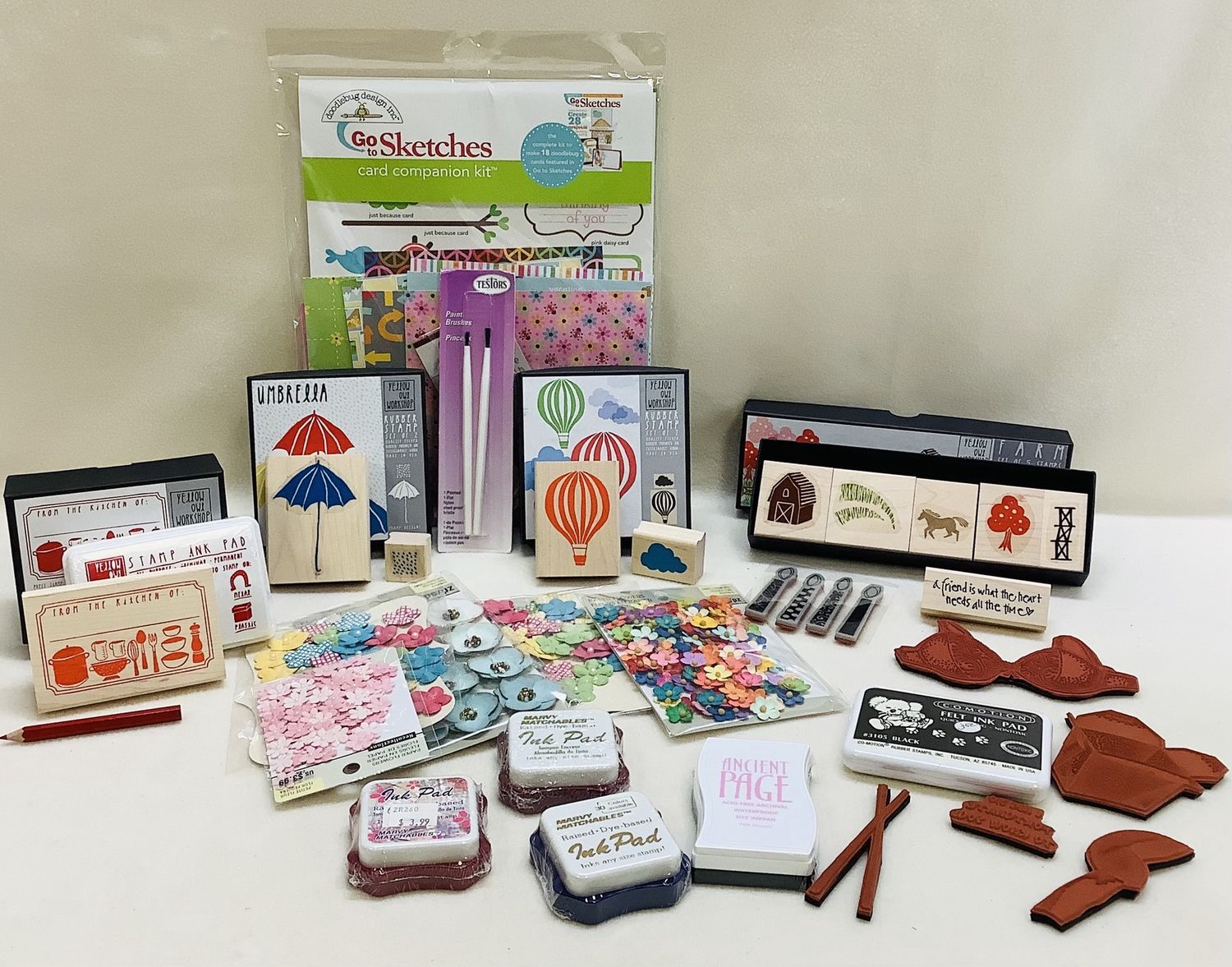 Assortment of Various Themed Rubber Stamps and Stickers, Includes 5 Stamp Pads - RS4875