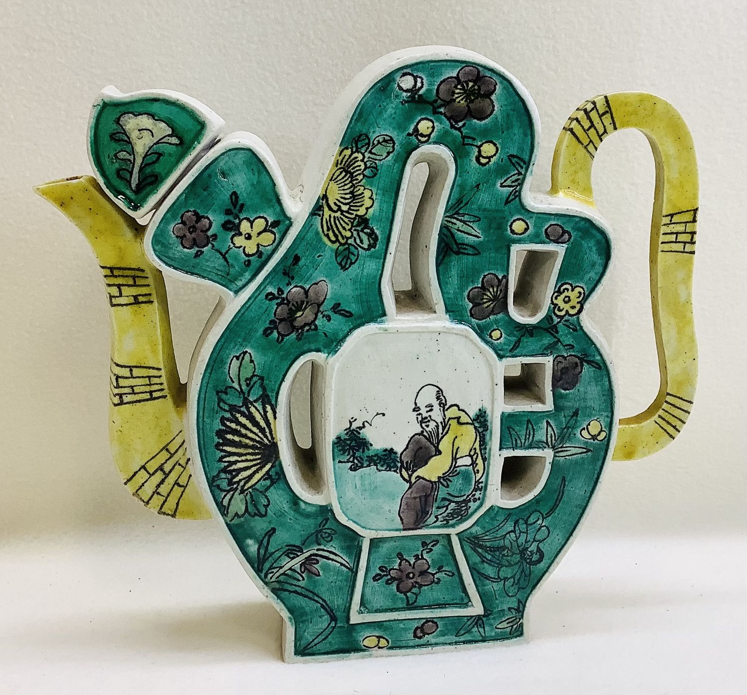 Antique Chinese Famille Verte Puzzle Form Wine Ewer Teapot - RS4883