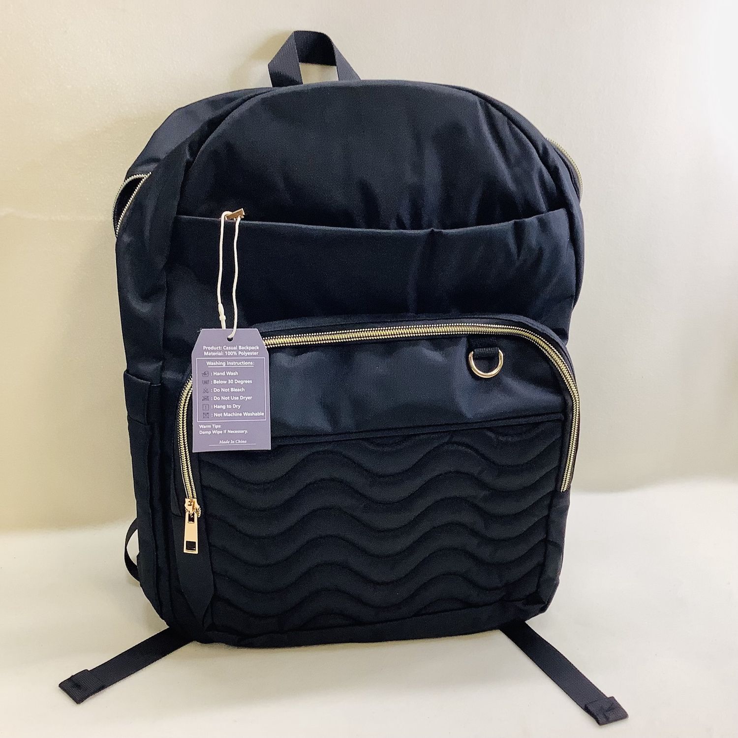Solid Black Backpack with Gold Zippers, 16&quot; - RS4884