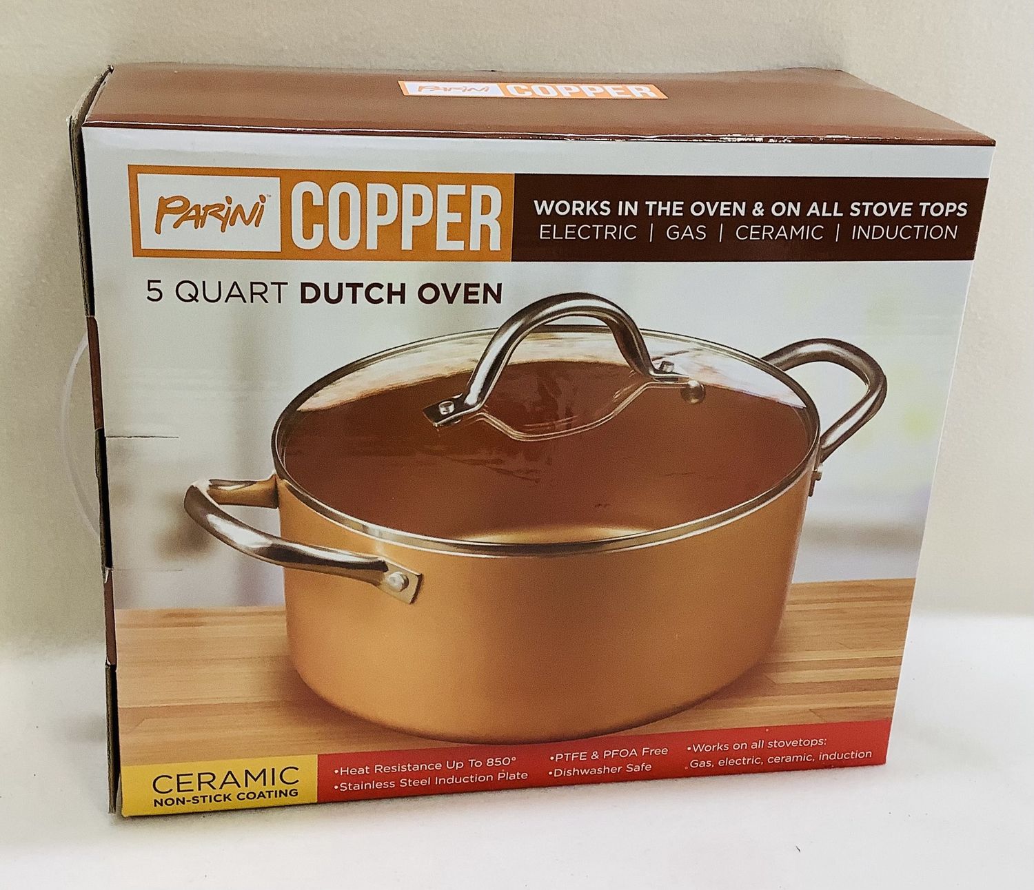 Parini Copper 5 QT Dutch Oven w/Tempered Glass Lid &amp; Ceramic Non-stick Coating - RS4888