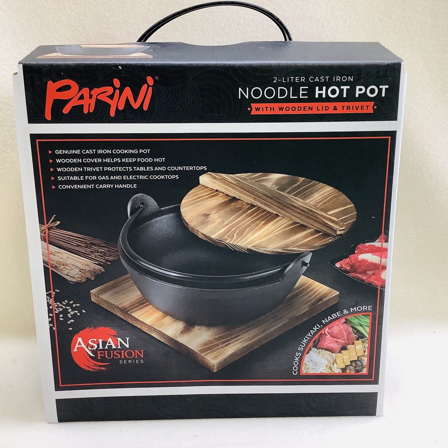 Parini 2 Liter Cast Iron Noodle Hot Pot w/Wooden Lid &amp; Trivet - RS4899