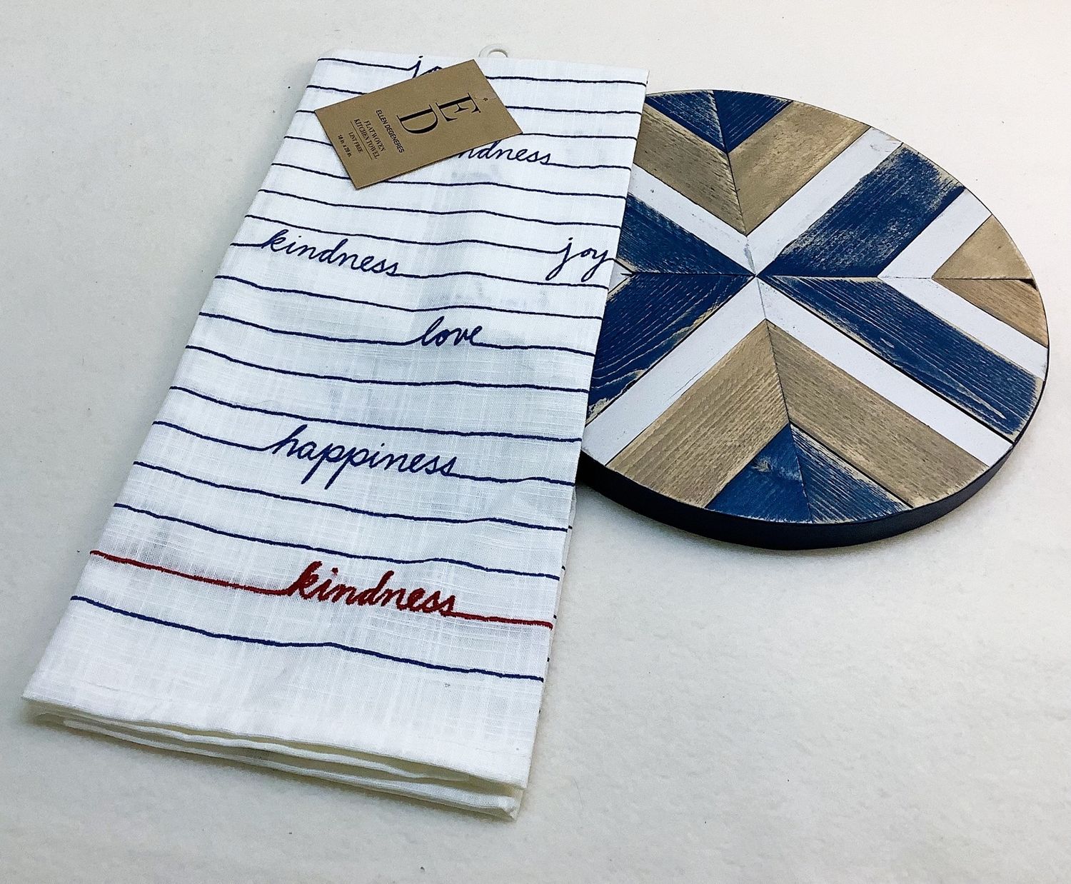 Multicolor Wooden Chevron 10&quot; Wall Hanging in Blue, White &amp; Natural Tones + Ellen Degeneres Flat Woven Dish Towel - RS4931