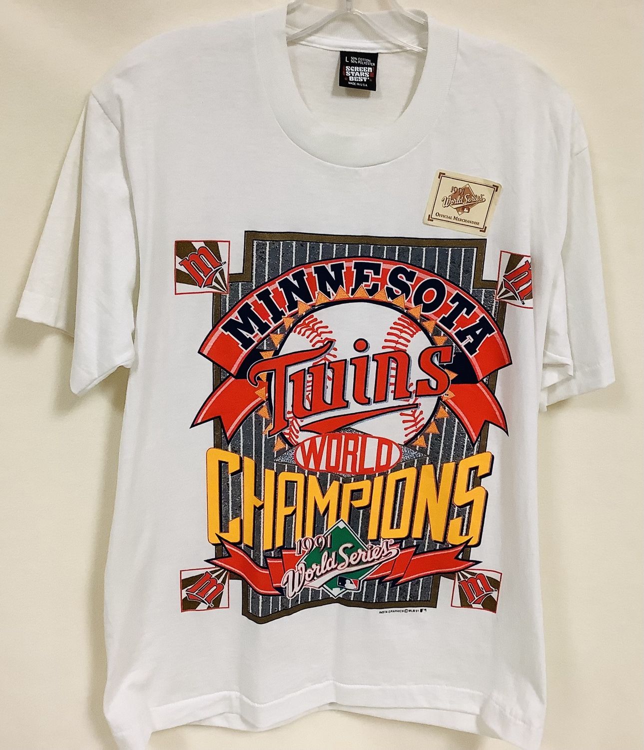 Minnesota Twins World Series Champions T-Shirt 1991, White (Men&#39;s Size L) - CL2018