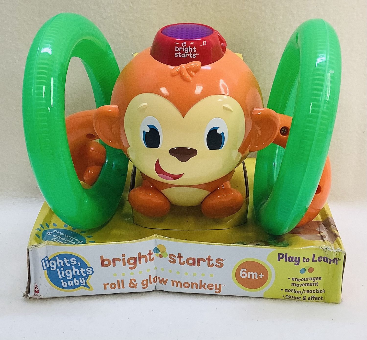 Bright Starts Roll &amp; Glow Monkey, Crawling Baby Toy w/Lights and Sounds (Ages 6M+) - RS4999