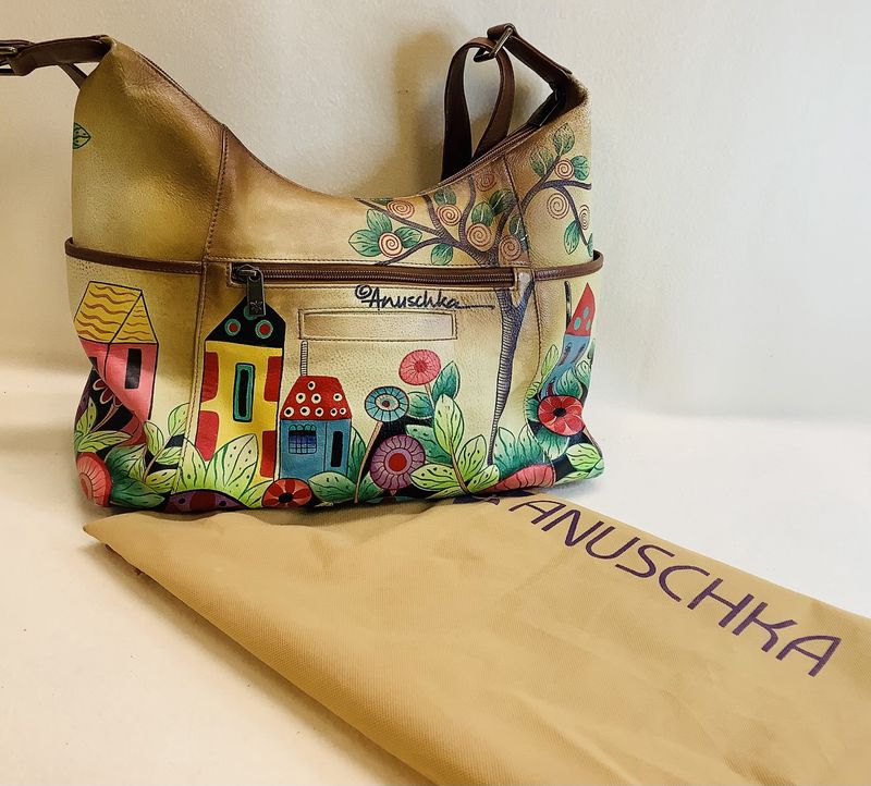 Anuschka Village of Dreams Tan Hand-Painted Leather Zip-Front Hobo Purse - RS5057
