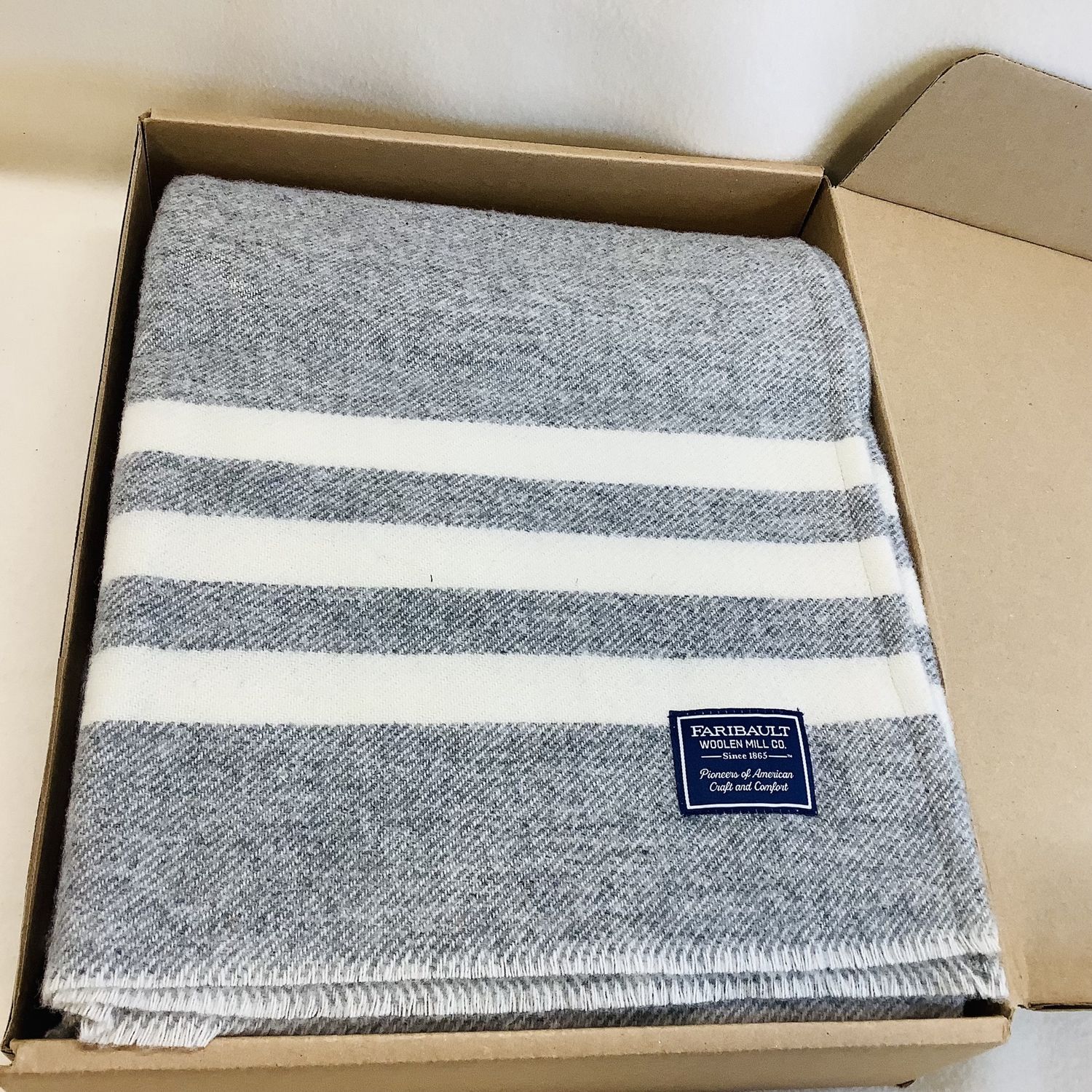 Faribault Woolen Mill Co. Trapper Throw, Grey &amp; Natural Stripe - RS5060