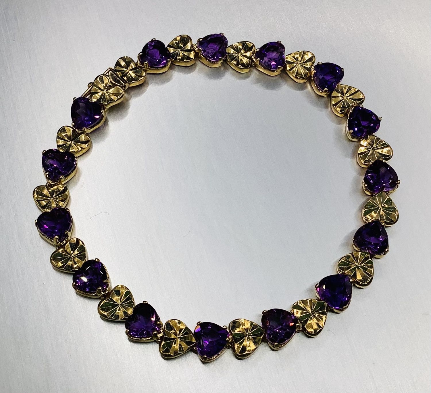 14K Amethyst Heart &amp; Dram Cut Heart Yellow Gold Bracelet - RS5090
