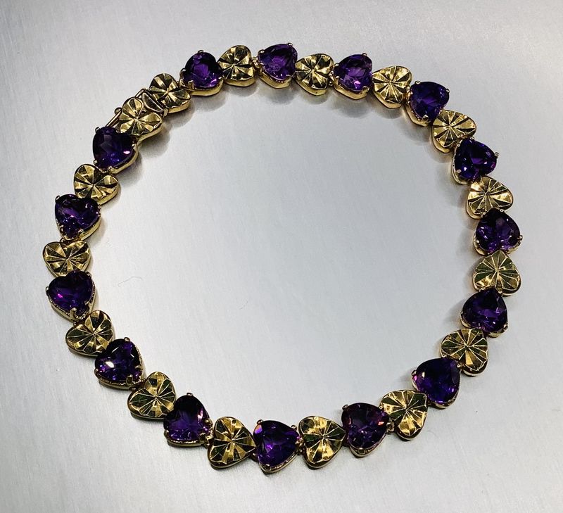 14K Amethyst Heart &amp; Dram Cut Heart Yellow Gold Bracelet - RS5090