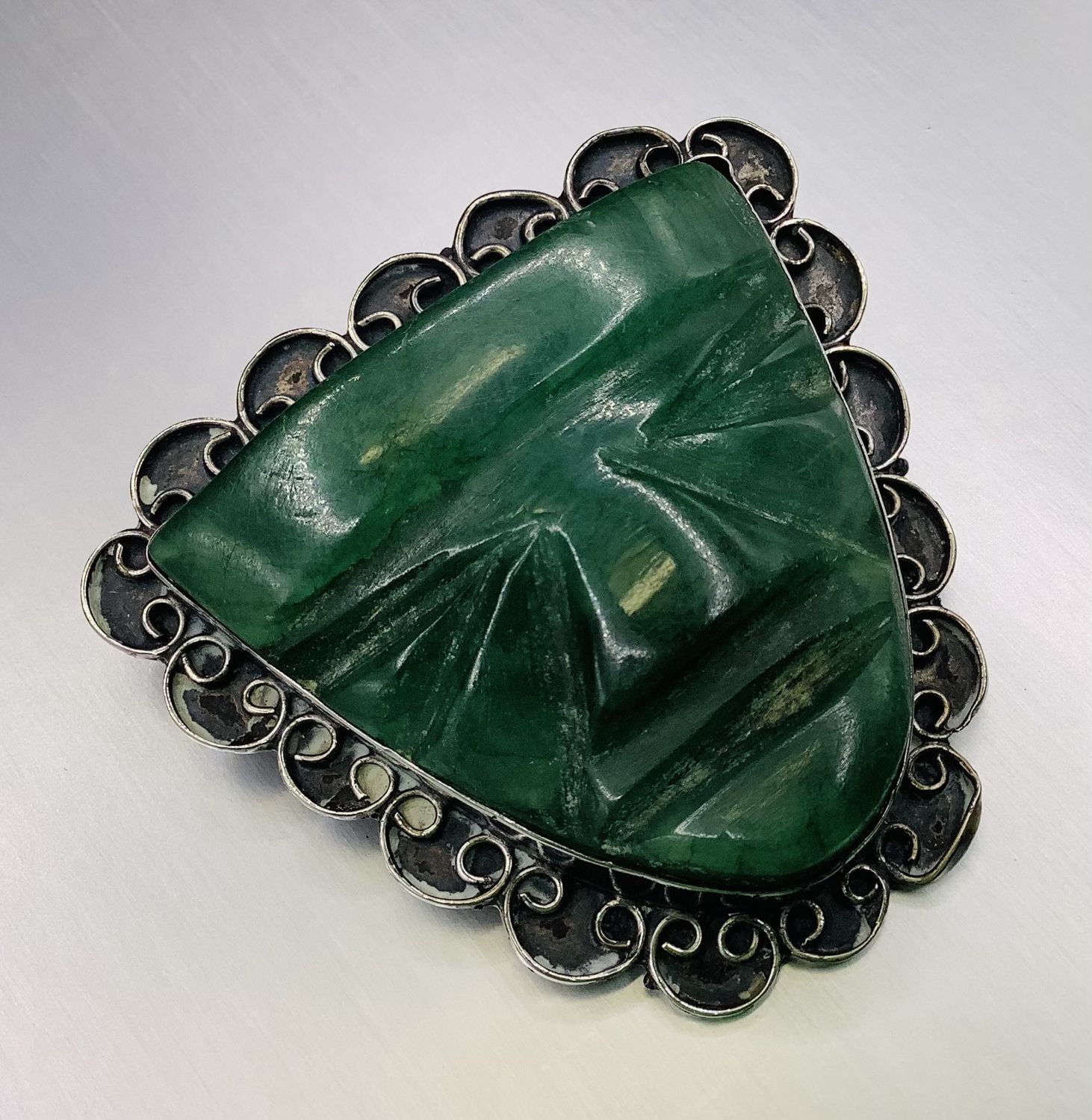 Vintage Sterling Silver Green Onyx Tribal Warrior Mask Pendant Brooch - RS5098