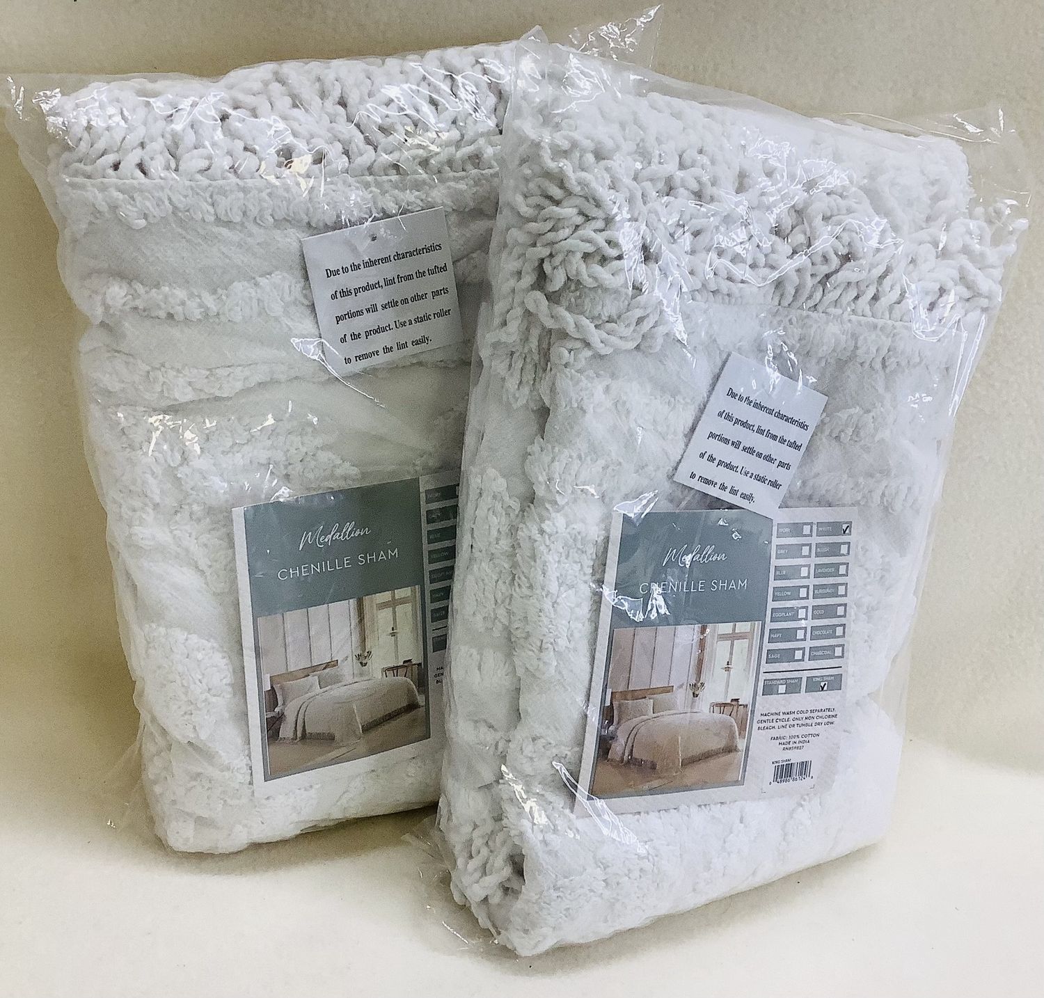 Beatrice Home Fashions Medallion Chenille Pillow Shams, White, Set of 2, (Size King) - RS5106