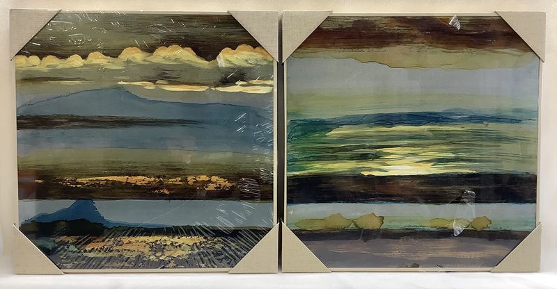 Abstract Paintings in Gold, Blues &amp; Greens on Metal with Metal Faux Wood Frames (Set of 2) - RS5135