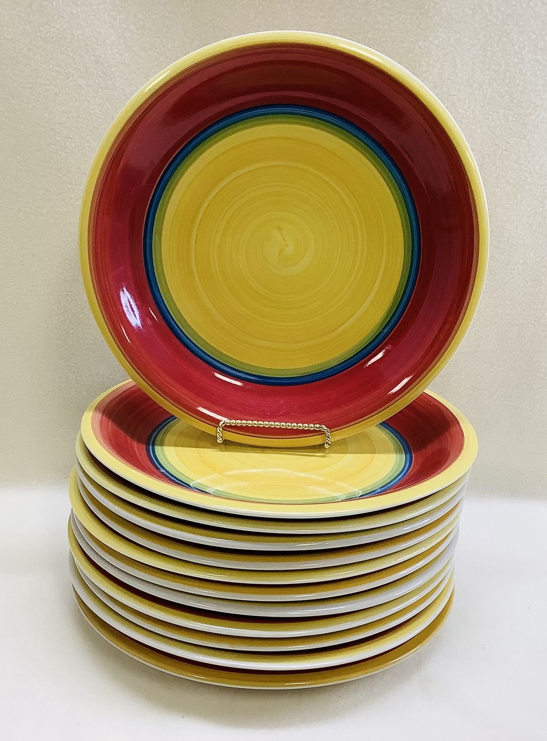 Royal Norfolk Mambo Pattern Plates - Yellow Center with Concentric rings of Red/Blue/Green (Set of 12) - RS5137