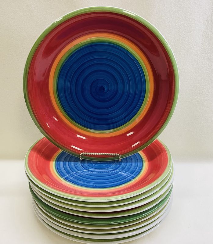 Royal Norfolk Mambo Pattern Plates - Blue Center with Concentric rings of Red/Orange/Green (Set of 10) - RS5138