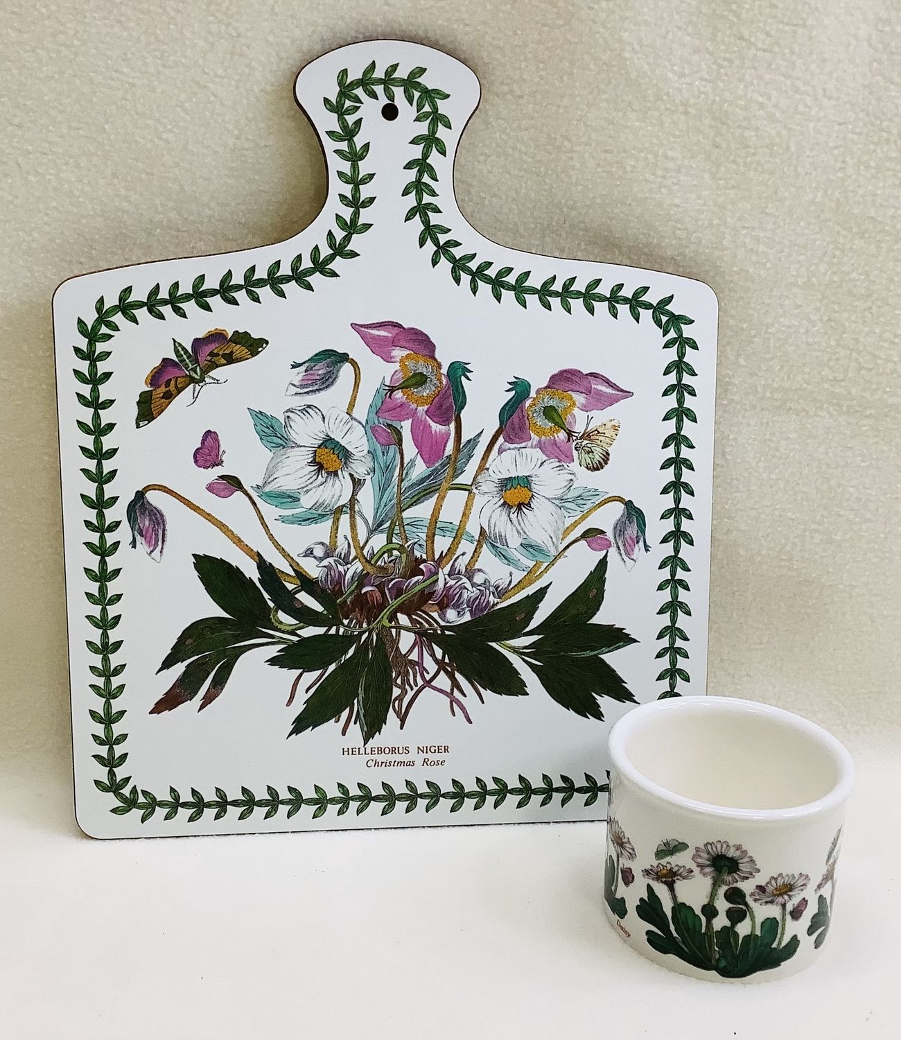 Portmeirion Botanic Garden Melamine Niger &quot;Christmas Rose&quot; Cutting Board &amp; Garden Daisy Open Sugar Bowl  - RS5147