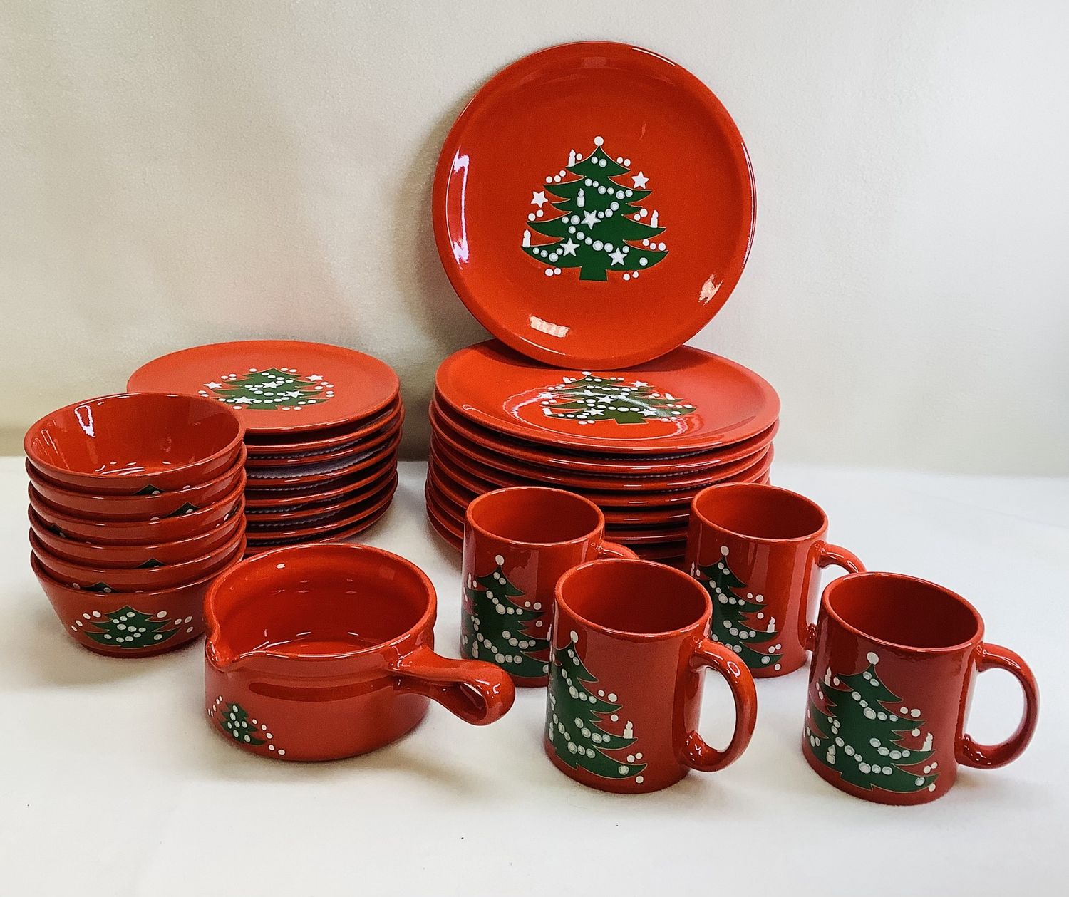 Waechtersbach Germany Red Christmas Tree Plate, Bowls &amp; Mugs (Lot of 28) - RS5164