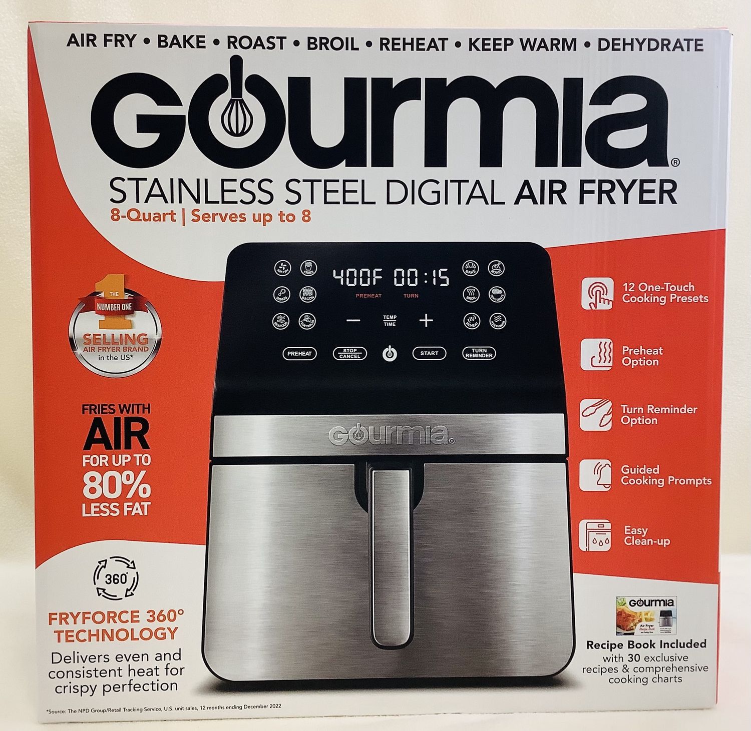Gourmia 8 QT Stainless Steel Digital Air Fryer, w/12 One-Touch Functions &amp; Guided Cooking - RS5208