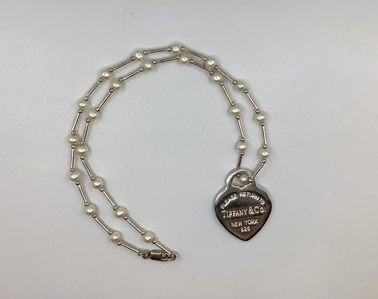 Tiffany Style 925 Heart Charm on Sterling Cultured Pearl 16&quot; Necklace - RS5259