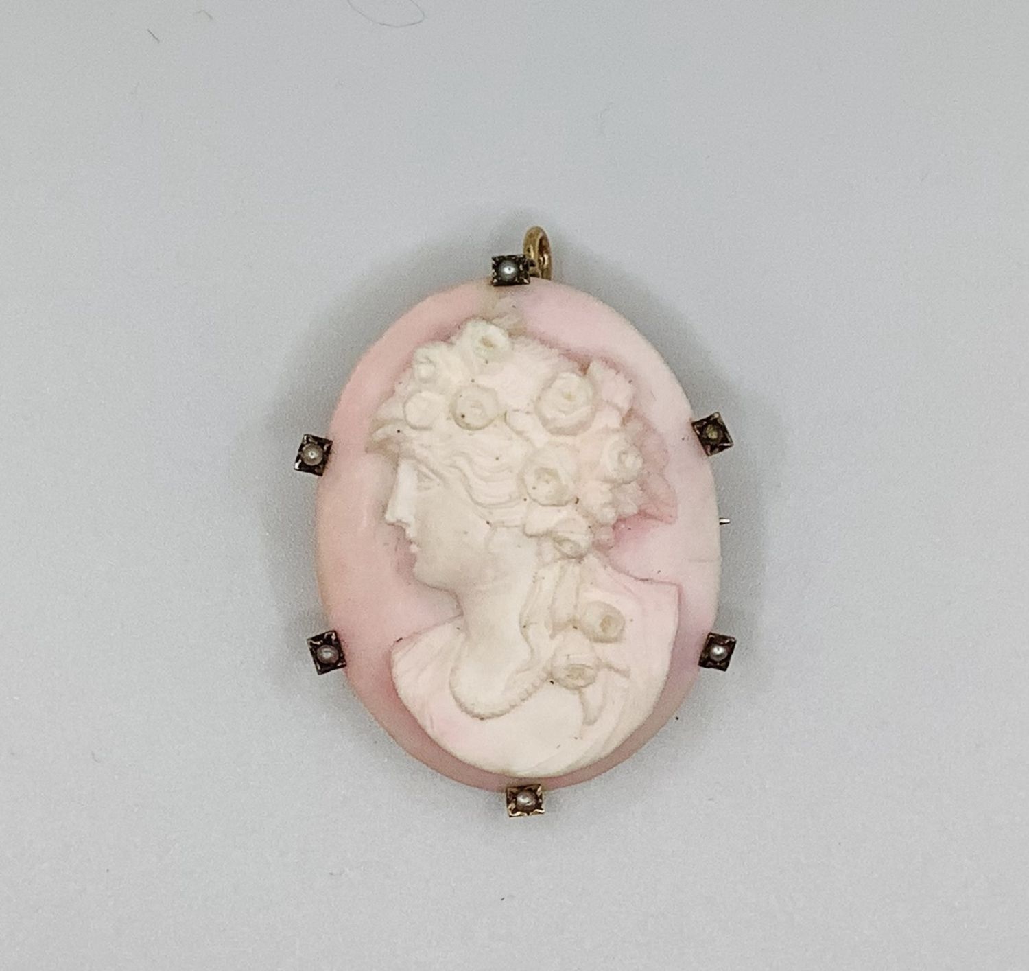 14K Pink Shell/Seed Pearl Antique Pin/Pendant Cameo - RS5263