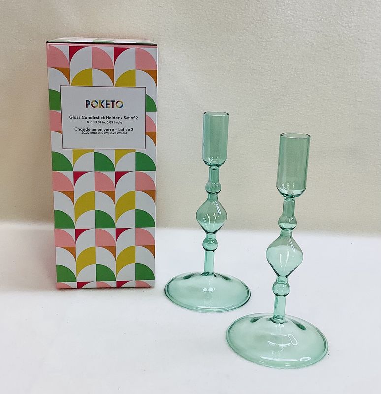 Poketo Glass Candlestick Holder, Green (Set of 2) - RS5269