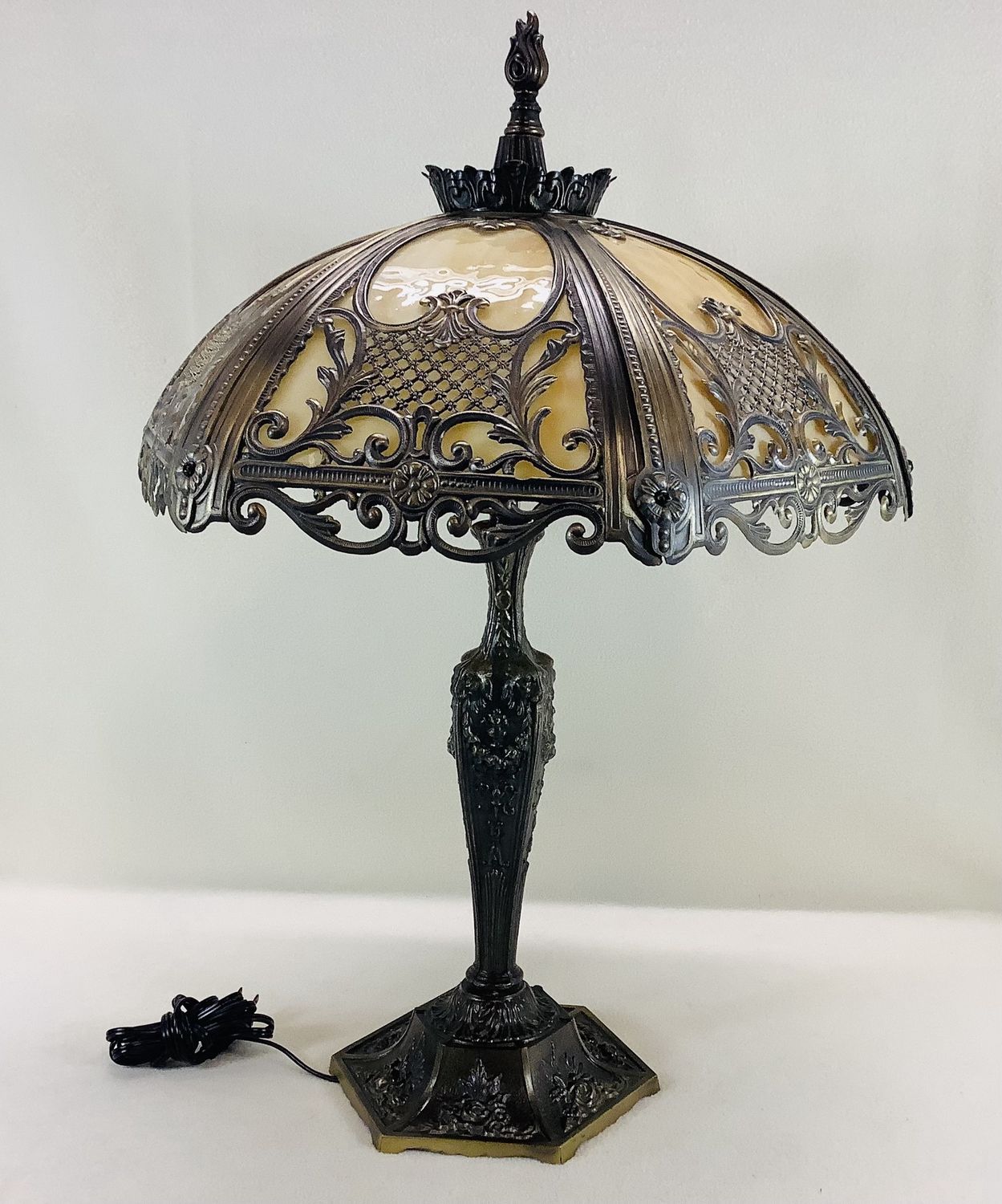 Antique Slag Glass Six Panel Brass Table Lamp (needs a switch) - RS5319