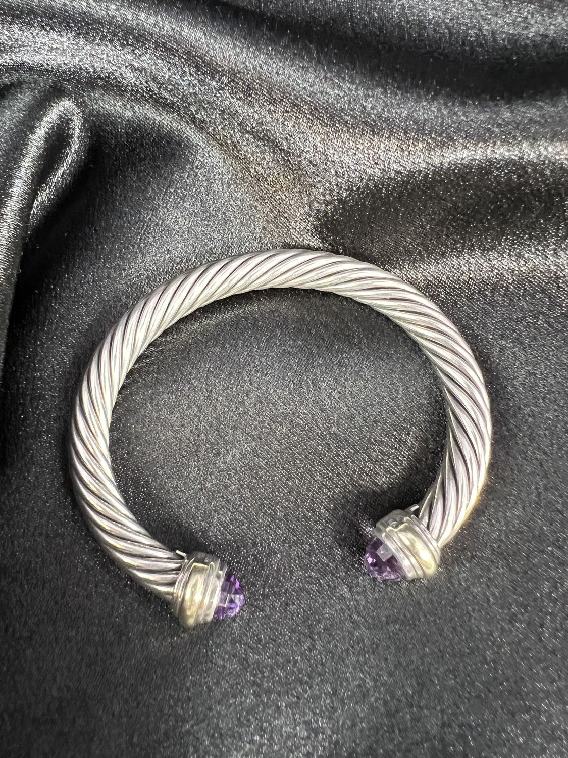 David Yurman Cable Bracelet in Sterling Silver with 14K Yellow Gold &amp; Amethyst, 6.5&quot; - RS5344