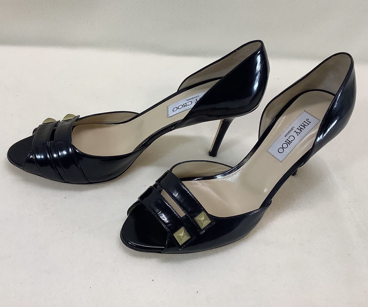 Jimmy Choo London Peep Toe Black Patent Leather Stud Heels (Size EUR 39 1/2, US 9) - CL2062