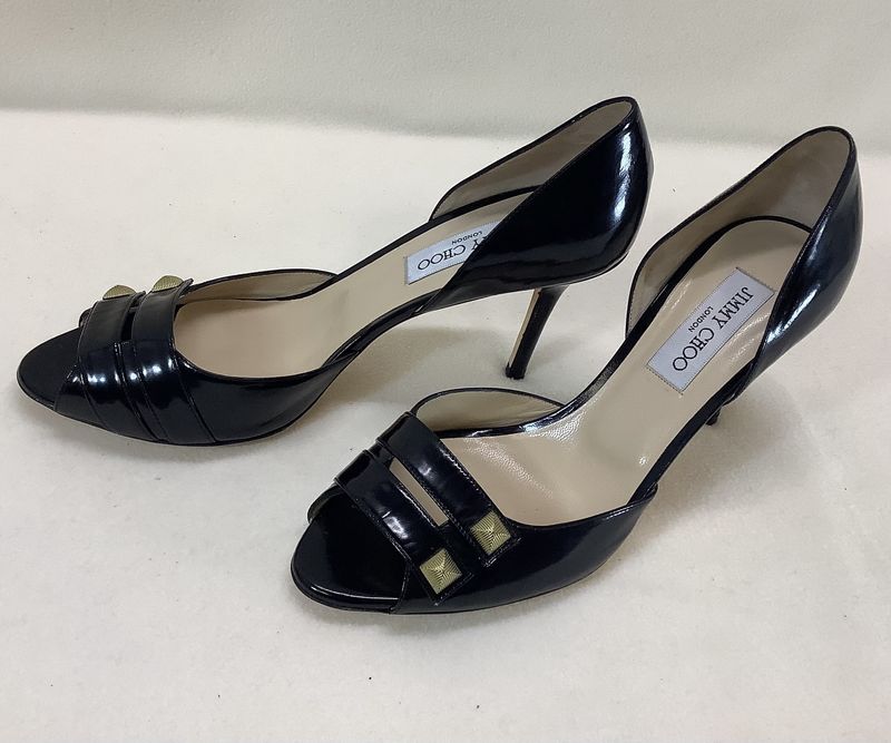 Jimmy Choo London Peep Toe Black Patent Leather Stud Heels (Size EUR 39 1/2, US 9) - CL2062