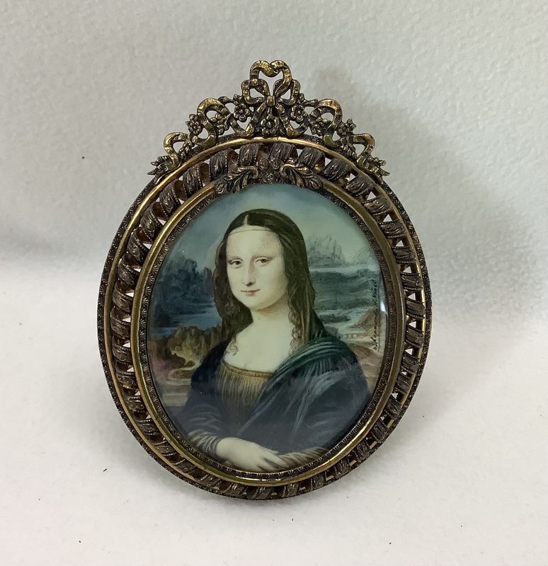 Vintage Mona Lisa Hand Painted Portrait Miniature &amp; Gilt Frame - RS5400