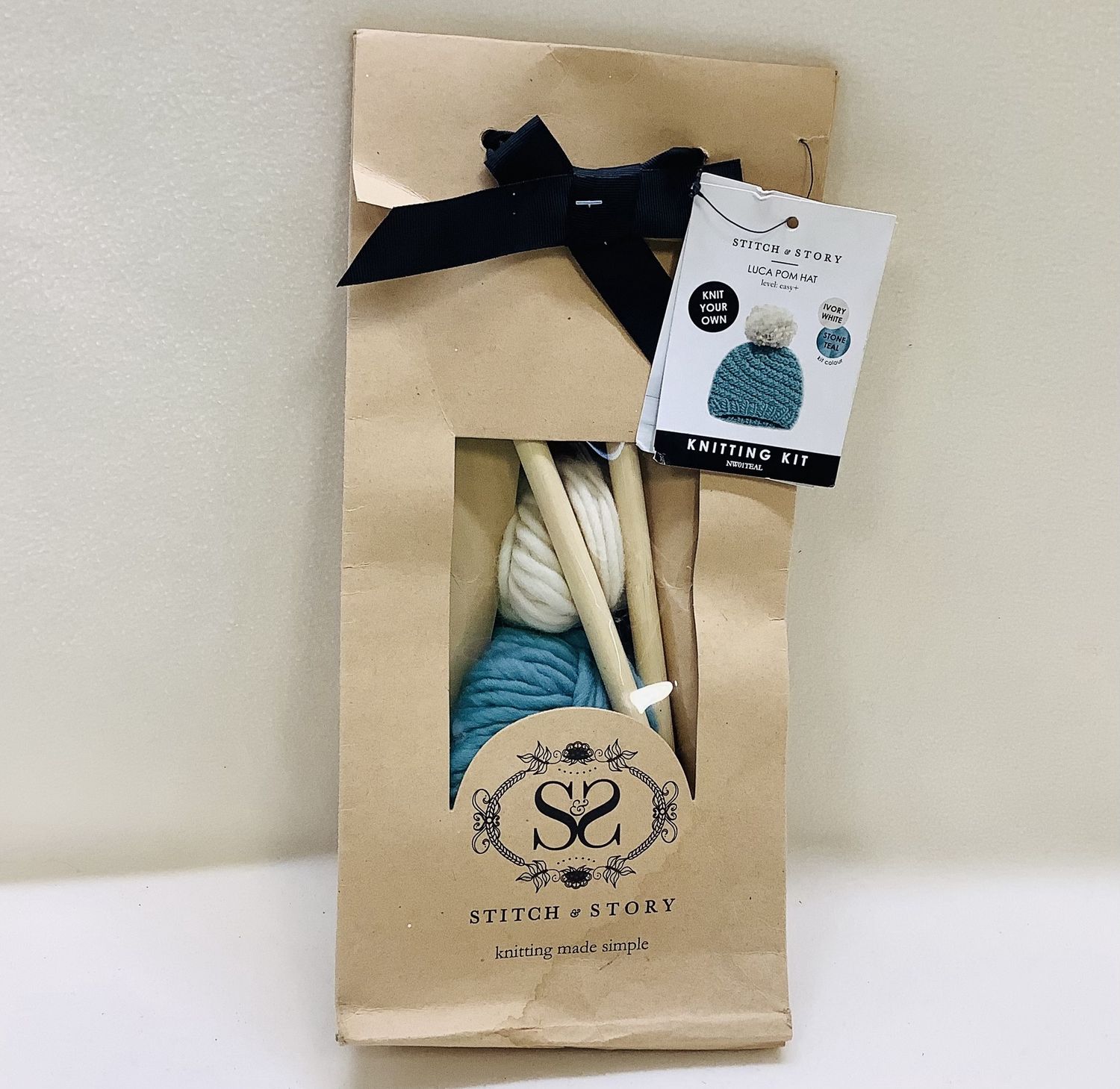 Stitch &amp; Story Luca Pom Hat Knitting Kit, Ivory White &amp; Stone Teal - RS5425
