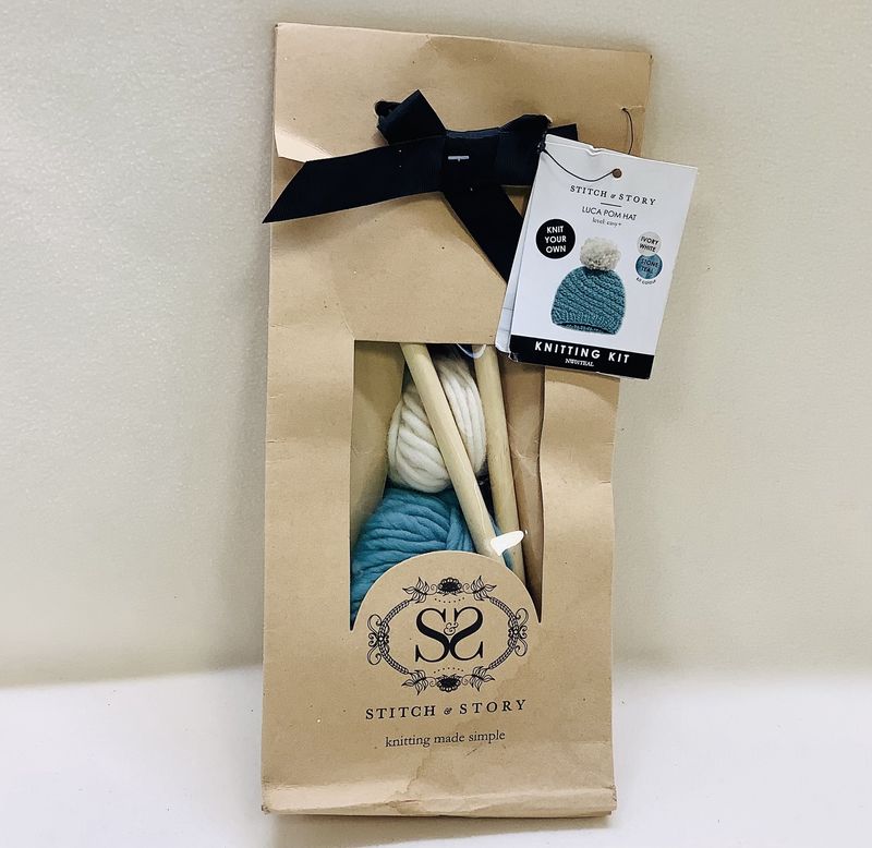 Stitch &amp; Story Luca Pom Hat Knitting Kit, Ivory White &amp; Stone Teal - RS5425